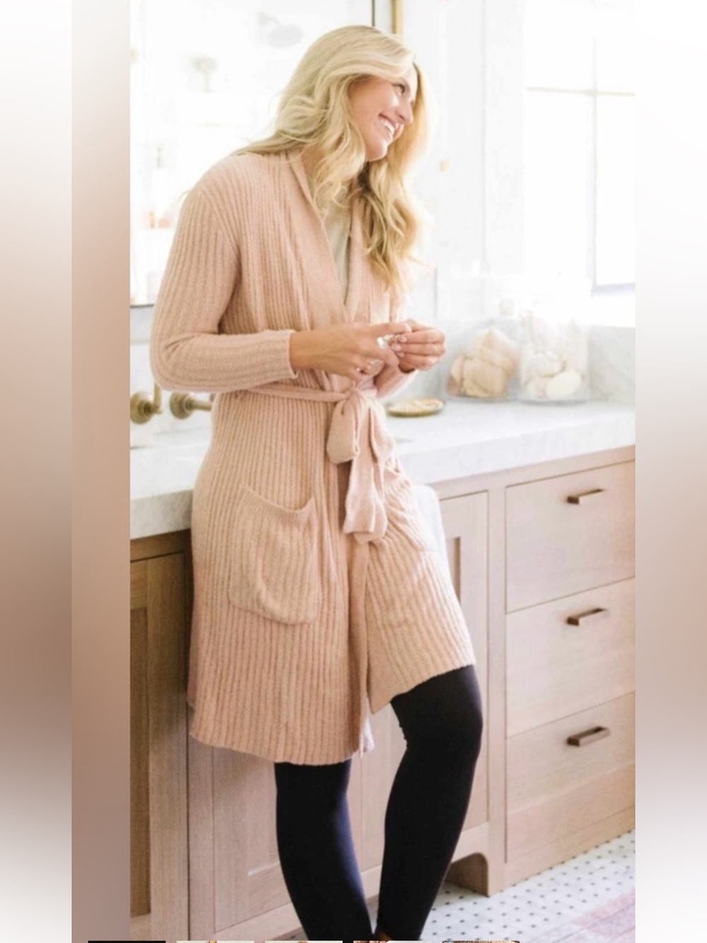 Cozy Ribbed Belted Robe Cardigan - Blush Pink